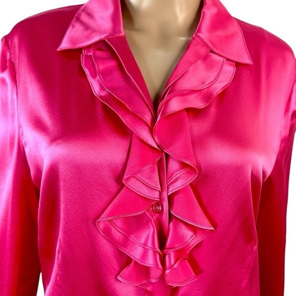St. John bright pink silk blouse with ruffle front, long sleeve sz 8 - Picture 3 of 8